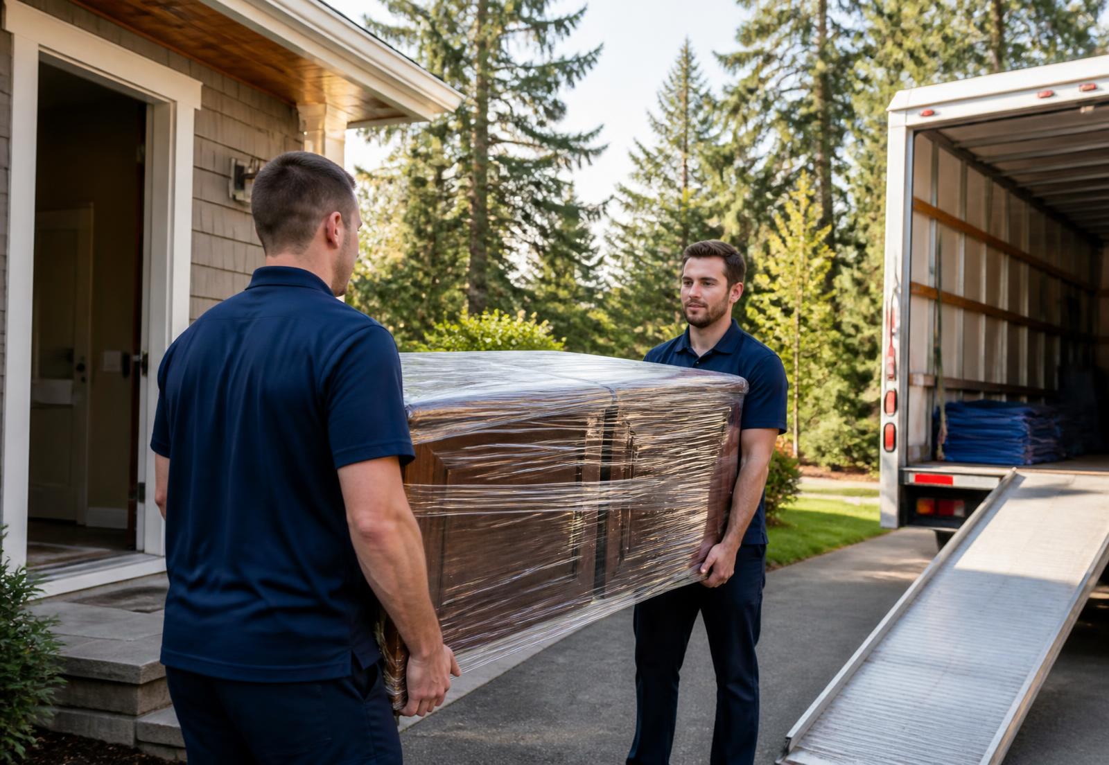 Joandris movers carrying a wrapped wooden cabinet to a moving truck